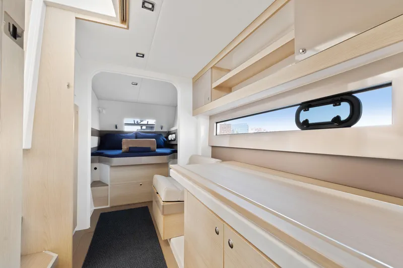 Chasing Shimmer Yacht Photos Pics Luxurious interior of 2018 Bali 4.0 yacht with modern design and cozy sleeping area.