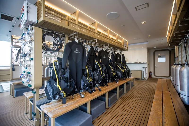 Vanora Yacht Photos Pics Diving equipment room on 2023 Seacrest Marine 52m Yacht, featuring wetsuits and scuba gear.