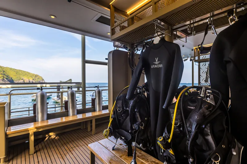 Vanora Yacht Photos Pics Diving gear setup on 2023 Seacrest Marine 52m Yacht with ocean view.