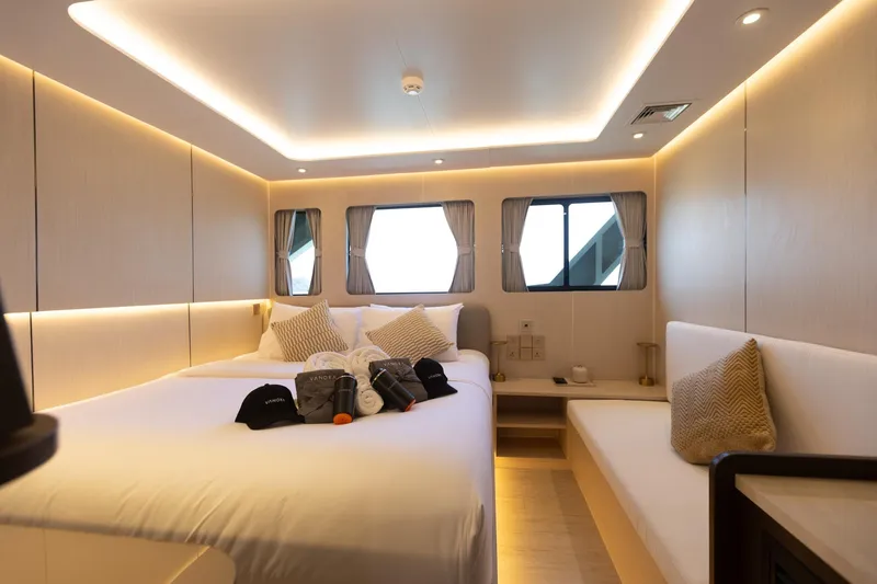 Vanora Yacht Photos Pics Luxurious bedroom interior of 2023 Seacrest Marine 52m Yacht with modern design.