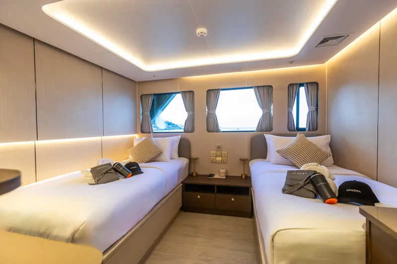 Vanora Yacht Photos Pics Luxurious twin cabin interior on 2023 Seacrest Marine 52m Yacht.