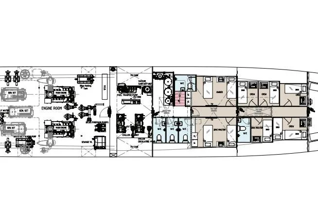 Vanora Yacht Photos Pics Deck plan of 2023 Seacrest Marine 52m Yacht, featuring engine room and cabins.