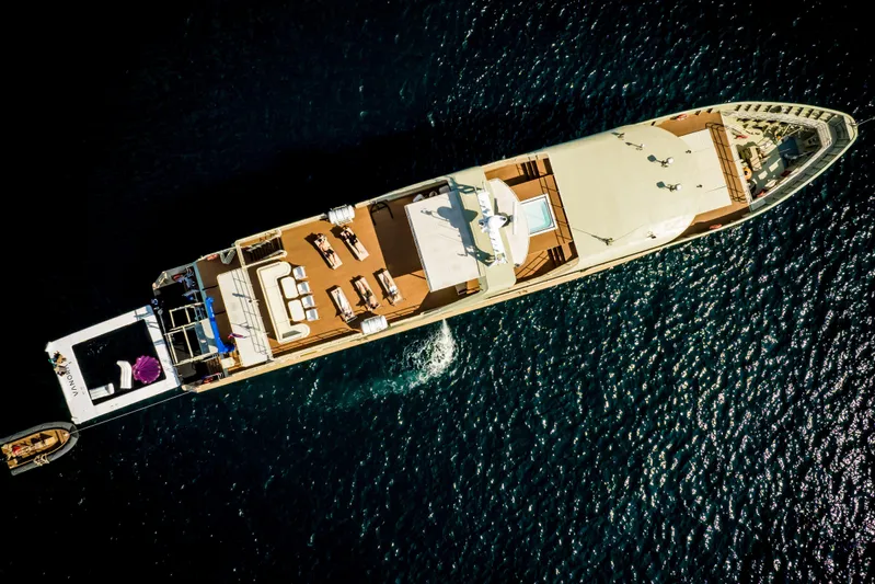 Vanora Yacht Photos Pics Aerial view of 2023 Seacrest Marine 52m Yacht cruising on deep blue water.
