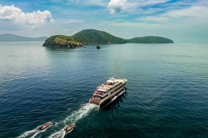 Vanora Yacht Photos Pics Luxurious 2023 Seacrest Marine 52m Yacht cruising near scenic islands.