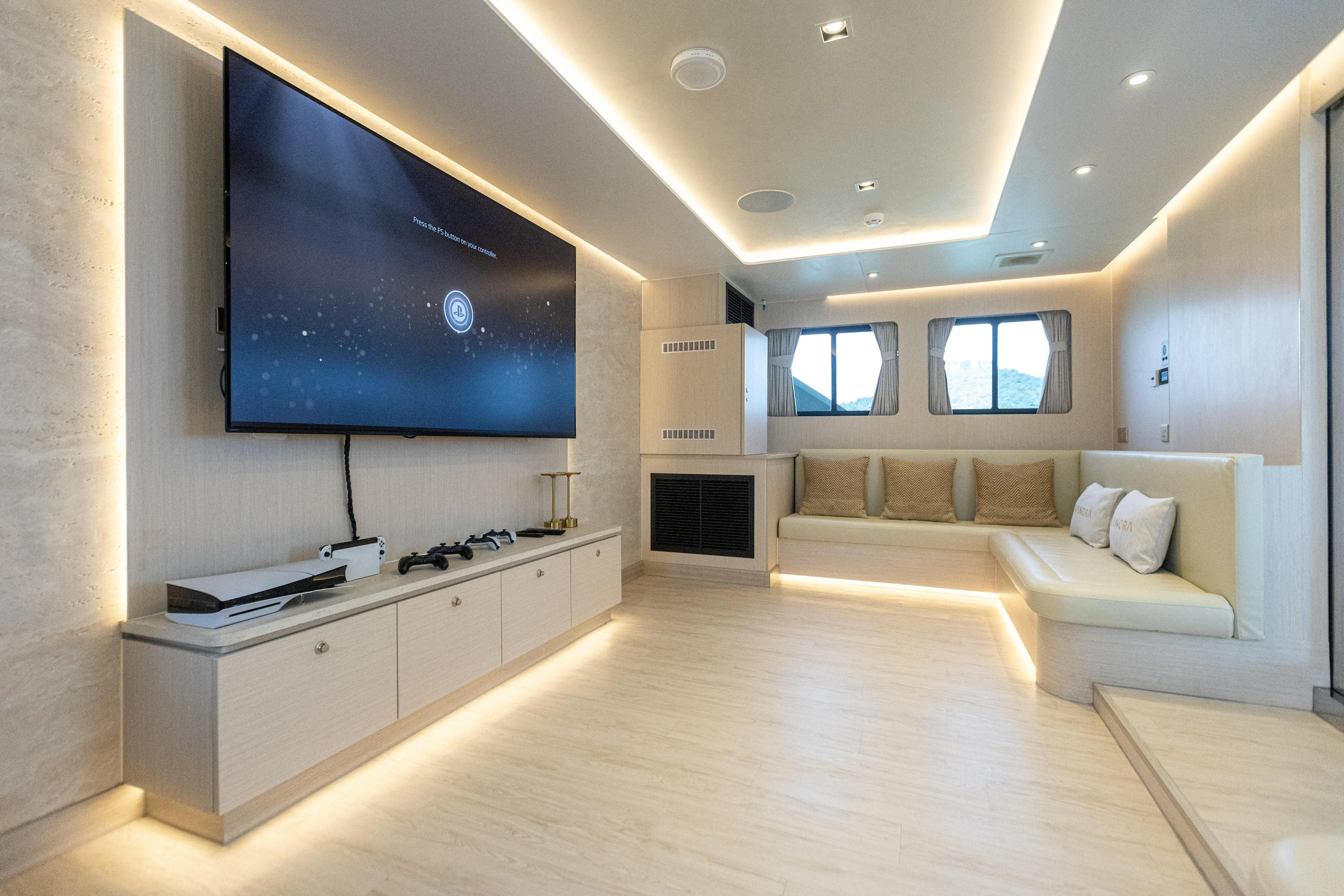 Vanora Yacht Photos Pics Luxurious 2023 Seacrest Marine 52m Yacht interior with modern entertainment setup.