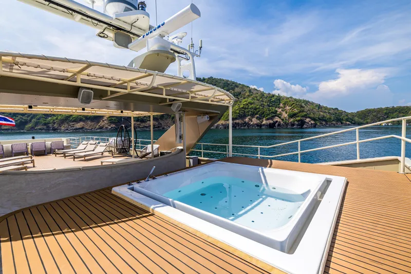 Vanora Yacht Photos Pics Luxurious Seacrest Marine 52m Yacht with jacuzzi, deck chairs, and scenic ocean view, 2023 model.