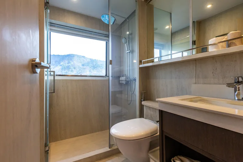 Vanora Yacht Photos Pics Luxurious bathroom on 2023 Seacrest Marine 52m Yacht with modern fixtures and mountain view.