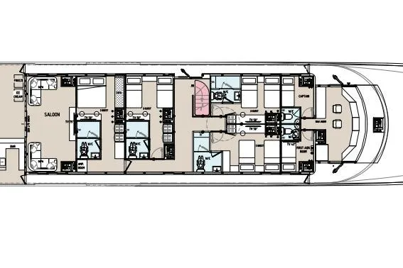 Vanora Yacht Photos Pics Deck layout of 2023 Seacrest Marine 52m Yacht, featuring saloon and multiple cabins.