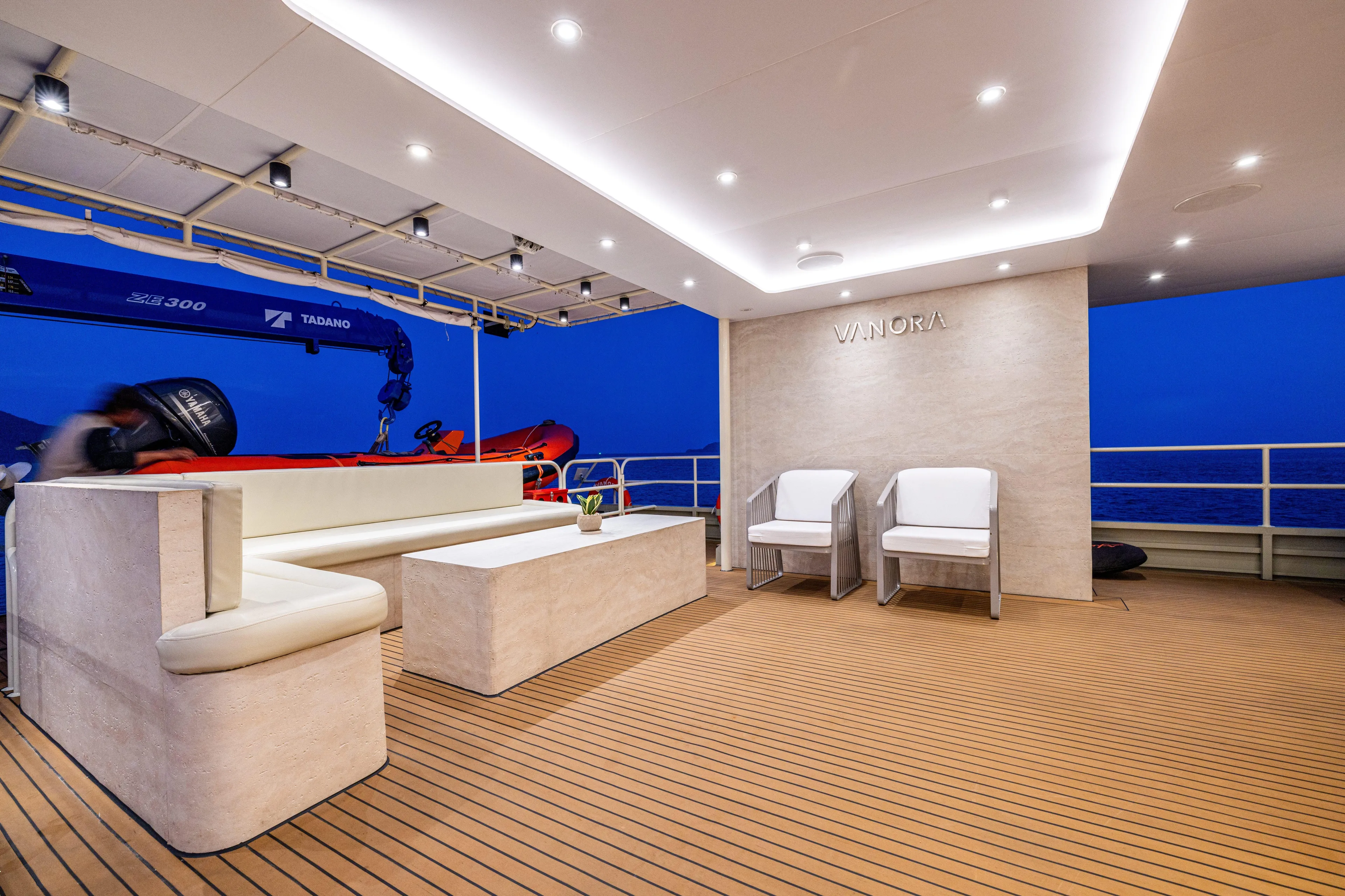 Vanora Yacht Photos Pics Luxurious Seacrest Marine 52m Yacht deck with modern seating, 2023 model.
