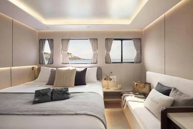 Vanora Yacht Photos Pics Luxurious bedroom interior of 2023 Seacrest Marine 52m Yacht with ocean view.