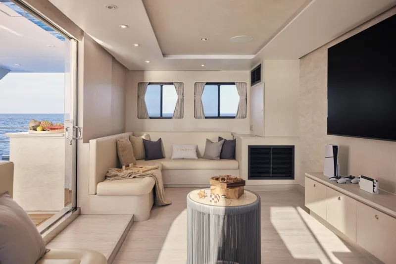 Vanora Yacht Photos Pics Luxurious interior of 2023 Seacrest Marine 52m Yacht with modern decor and ocean view.