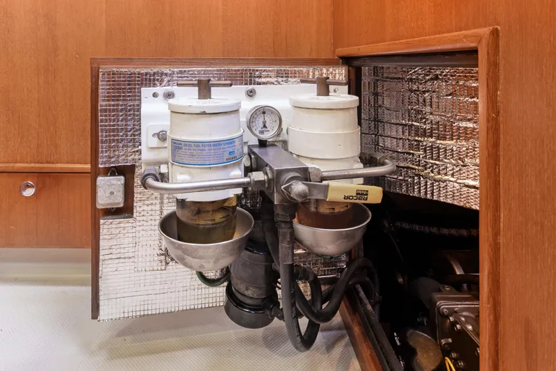 Mawe Yacht Photos Pics Diesel fuel filter system in 2006 Island Packet 440 yacht engine compartment.