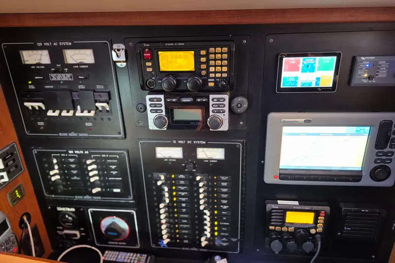 Mawe Yacht Photos Pics Control panel of a 2006 Island Packet 440 yacht with navigation and communication systems.