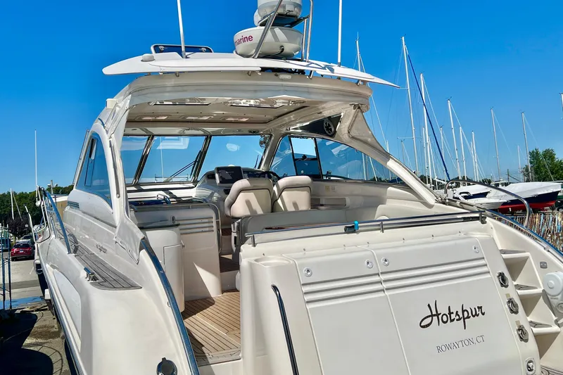  Yacht Photos Pics Luxury 2007 Windy Typhoon 43 yacht docked, showcasing sleek design and spacious interior.