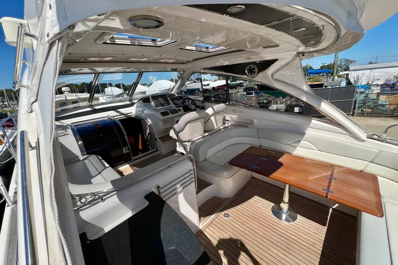  Yacht Photos Pics Luxurious interior of 2007 Windy Typhoon 43 yacht with sleek design and wooden accents.