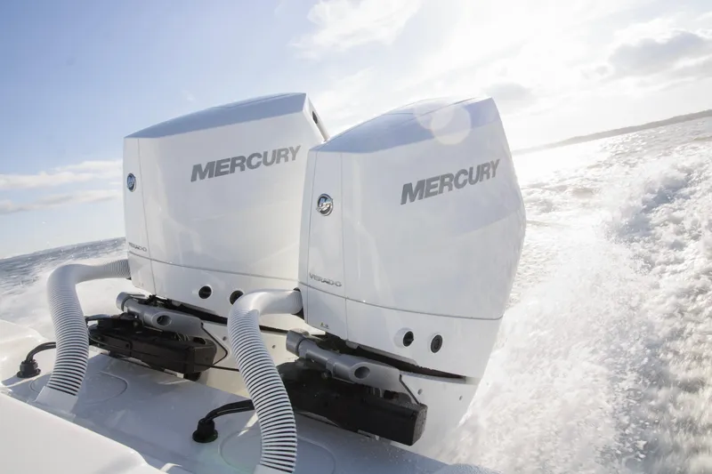  Yacht Photos Pics Twin Mercury outboard engines on 2025 Yellowfin 32 Offshore boat in action.