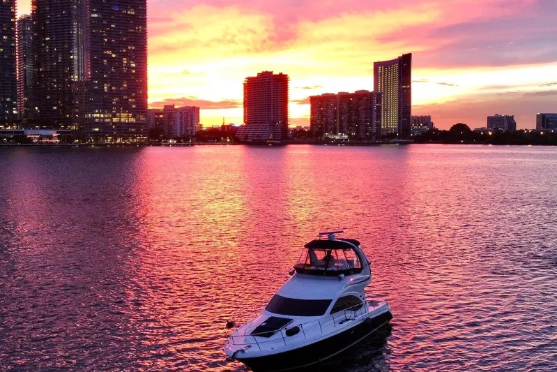  Yacht Photos Pics 2005 Sea Ray 420 Sedan Bridge yacht at sunset with city skyline backdrop.
