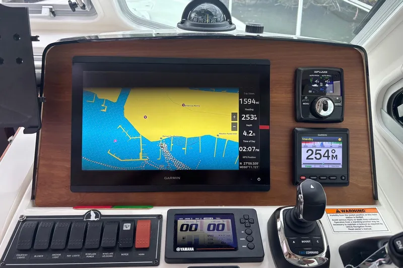 Fifth Child Yacht Photos Pics Boat dashboard with Garmin navigation system on 2019 Back Cove 34O.