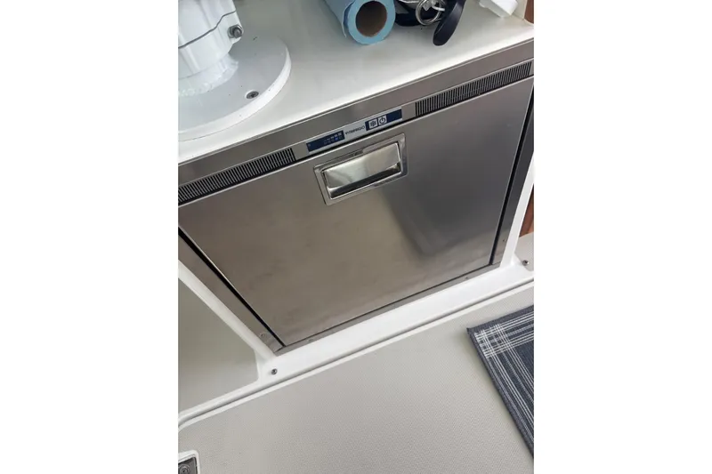 Fifth Child Yacht Photos Pics Stainless steel appliance on 2019 Back Cove 34O boat interior.