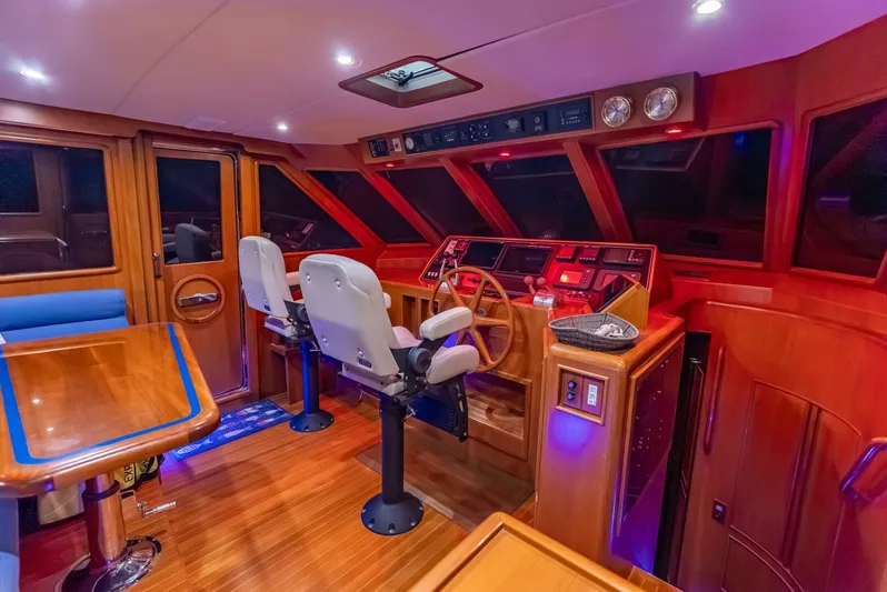 Mountain Mermaid Yacht Photos Pics Luxurious 2004 Offshore Yachts 54 Pilothouse interior with wood finish and modern navigation equipment.