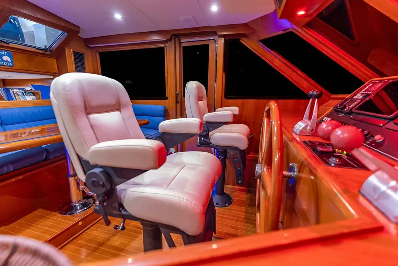 Mountain Mermaid Yacht Photos Pics Luxurious 2004 Offshore Yachts 54 Pilothouse interior with plush seating and advanced navigation controls.