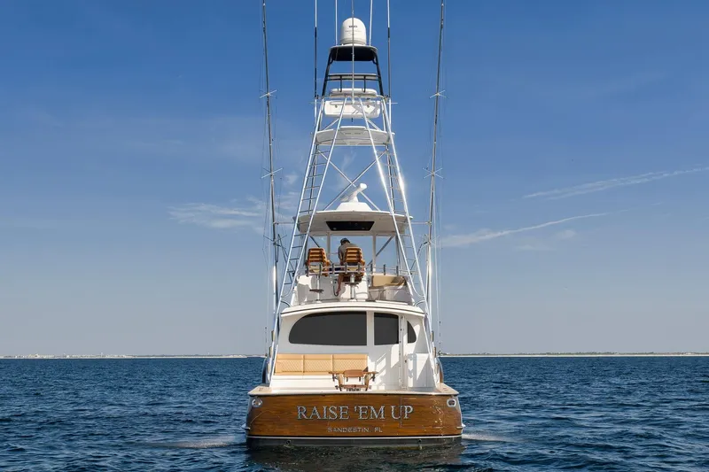 Raise Em Up Yacht Photos Pics 2007 Sunny Briggs Custom Carolina Sportfish boat on open water, rear view.