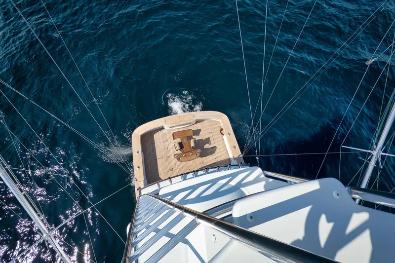 Raise Em Up Yacht Photos Pics Aerial view of 2007 Sunny Briggs Custom Carolina Sportfish yacht on open water.