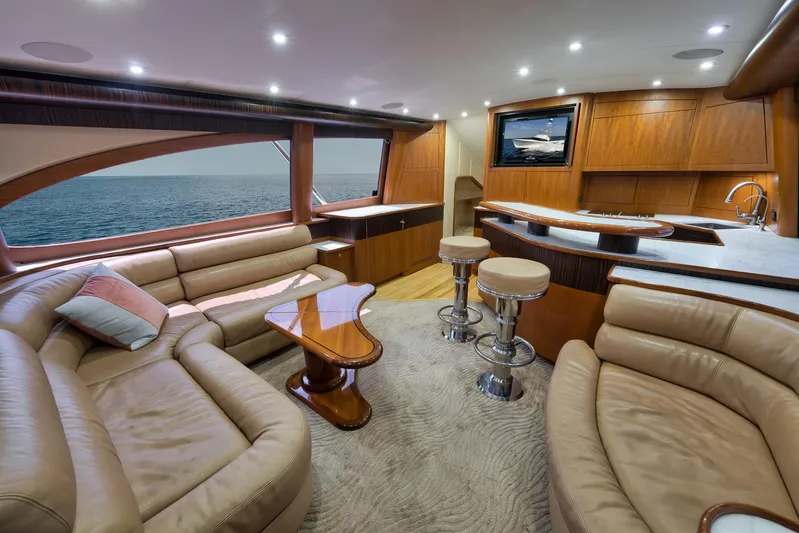 Raise Em Up Yacht Photos Pics Luxurious interior of 2007 Sunny Briggs Custom Carolina Sportfish yacht with ocean view.