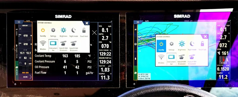  Yacht Photos Pics Simrad navigation display on 2020 Sea Ray 320 Sundancer boat dashboard.