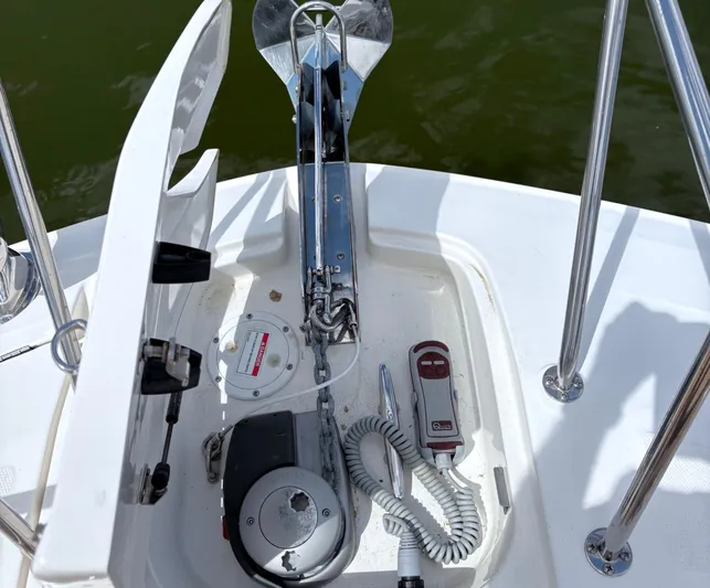  Yacht Photos Pics Anchor system on 2020 Sea Ray 320 Sundancer boat, featuring winch and chain.