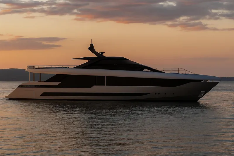 F126 Yacht Photos Pics 2027 Amer F126 yacht at sunset, sleek design on calm water.