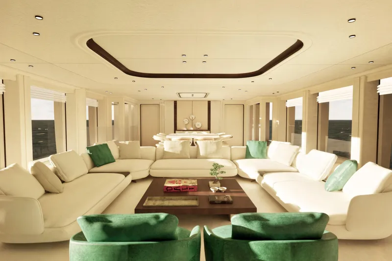 F126 Yacht Photos Pics Luxurious Amer F126 yacht interior, 2027 model, featuring elegant seating and modern design.