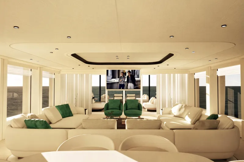 F126 Yacht Photos Pics Luxurious interior of 2027 Amer F126 yacht with elegant seating and ocean views.