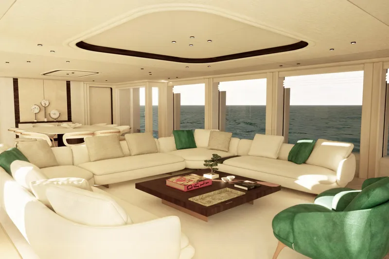 F126 Yacht Photos Pics Luxurious Amer F126 yacht interior, 2027 model, featuring elegant seating and ocean views.