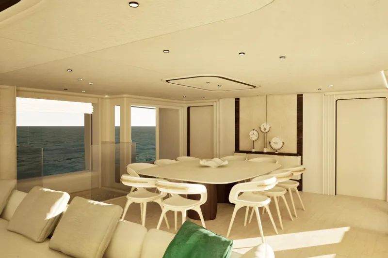 F126 Yacht Photos Pics Luxurious interior of 2027 Amer F126 yacht with elegant dining area and ocean view.