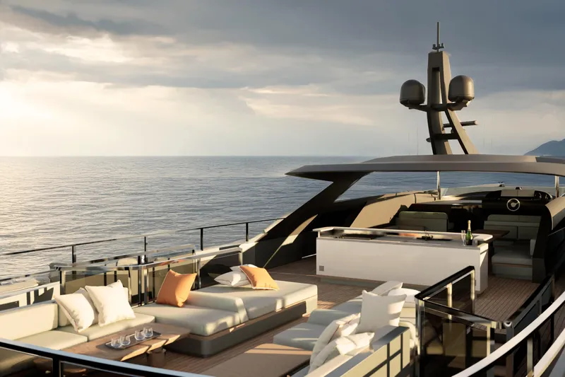 F126 Yacht Photos Pics Luxurious Amer F126 yacht deck with modern seating, ocean view, and elegant design, 2027 model.