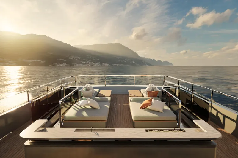 F126 Yacht Photos Pics Luxurious Amer F126 yacht deck with sun loungers, overlooking serene ocean and mountains, 2027 model.