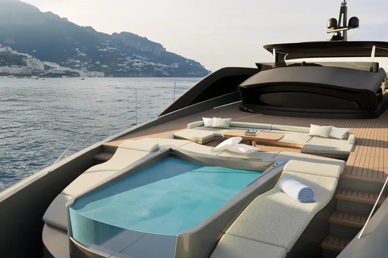 F126 Yacht Photos Pics Luxurious Amer F126 yacht deck with pool, overlooking scenic coastal view, 2027 model.