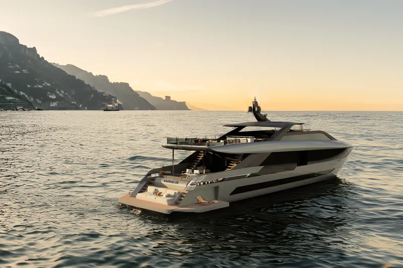 F126 Yacht Photos Pics Luxurious 2027 Amer F126 yacht cruising at sunset near scenic coastline.