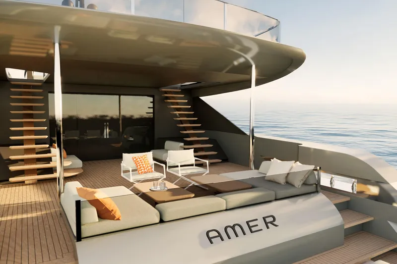 F126 Yacht Photos Pics Luxurious Amer F126 yacht deck with modern seating, 2027 model, overlooking serene ocean.