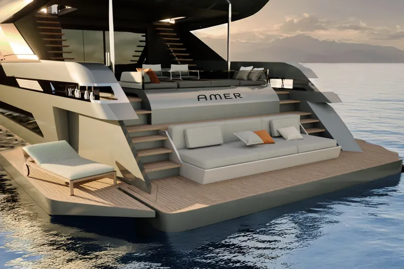F126 Yacht Photos Pics Luxurious 2027 Amer F126 yacht with elegant deck, lounge chairs, and serene ocean backdrop.