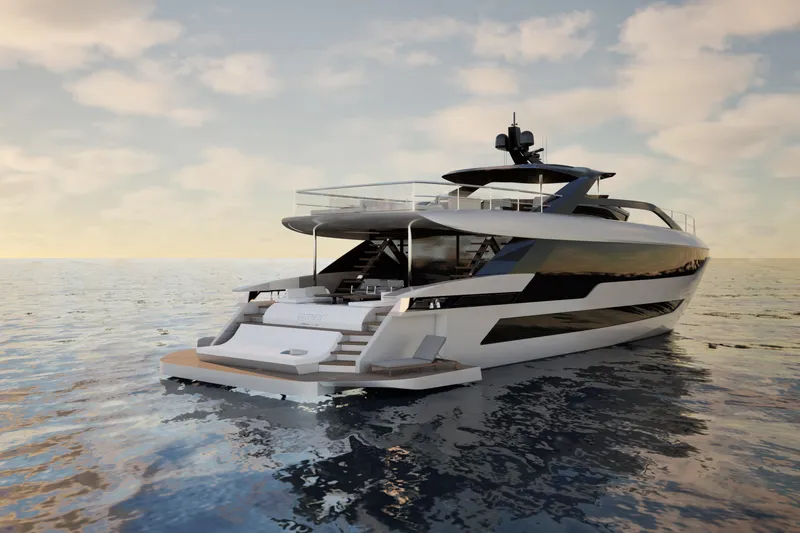 F126 Yacht Photos Pics Luxurious 2027 Amer F126 yacht on serene ocean at sunset.