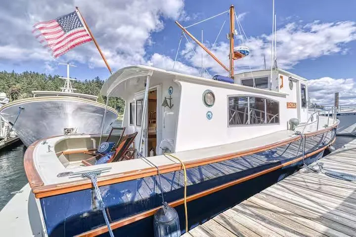 Classic 1996 Devlin 38 boat docked, featuring American flag and scenic marina backdrop.