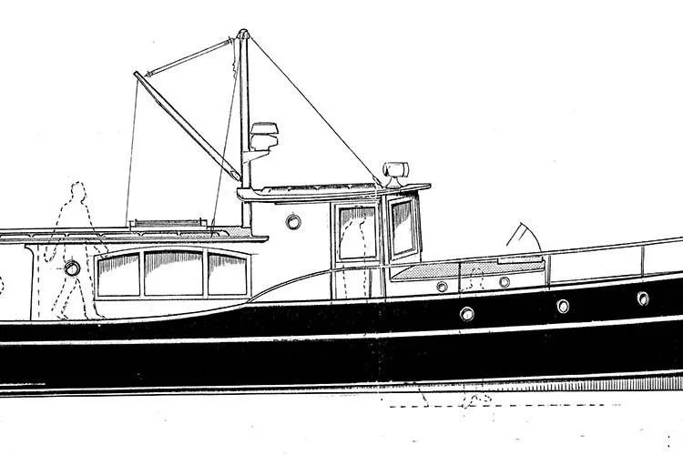 Yacht Photos Pics Line drawing of a 1996 Devlin 38 boat, showcasing detailed side profile and design elements.