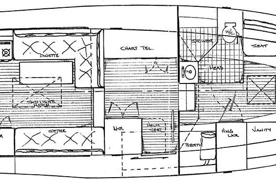  Yacht Photos Pics Floor plan of a 1996 Devlin 38 boat, featuring dinette, chart table, and head with shower.