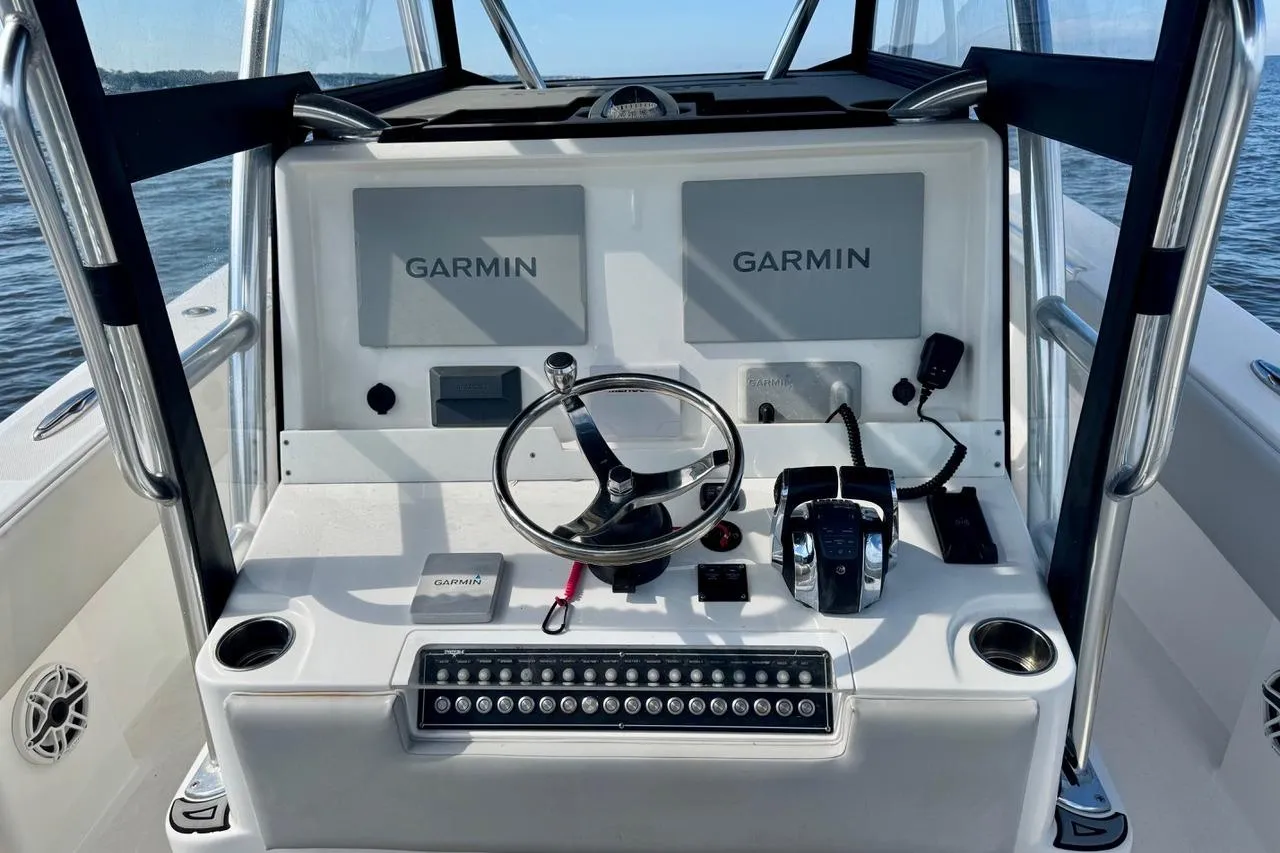 Control panel of 2020 Invincible 36 Open Fisherman with Garmin navigation system.