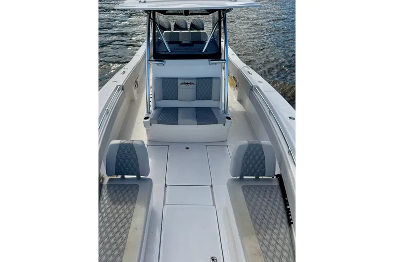  Yacht Photos Pics 2020 Invincible 36 Open Fisherman boat interior with cushioned seating and open deck.