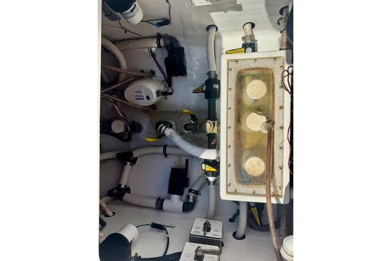  Yacht Photos Pics Bilge area of 2020 Invincible 36 Open Fisherman with visible pumps and hoses.