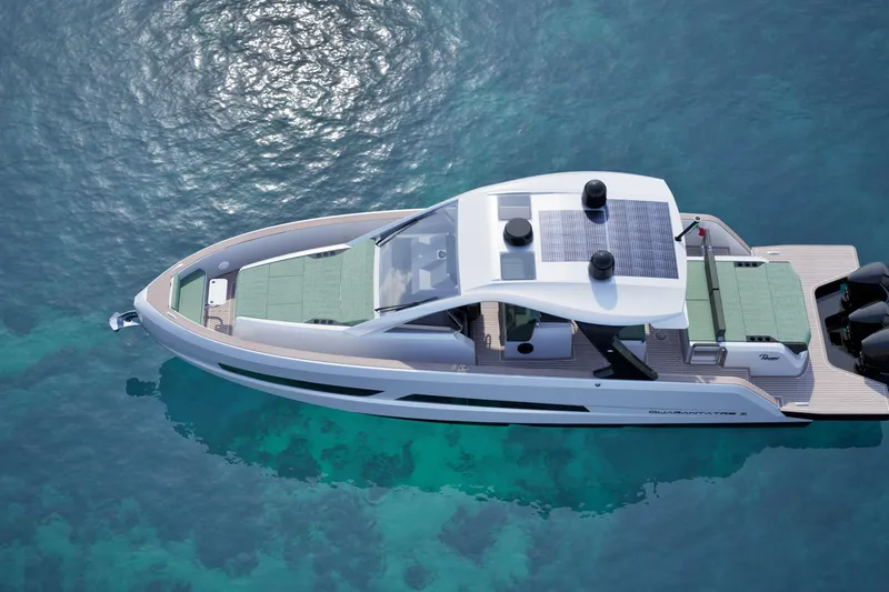  Yacht Photos Pics 2026 Ranieri QUARANTATRE Z luxury yacht on clear blue water, aerial view.