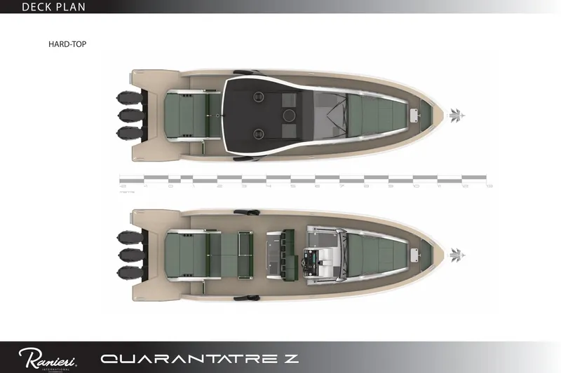  Yacht Photos Pics Deck plan of 2026 Ranieri QUARANTATRE Z boat with hard-top design.